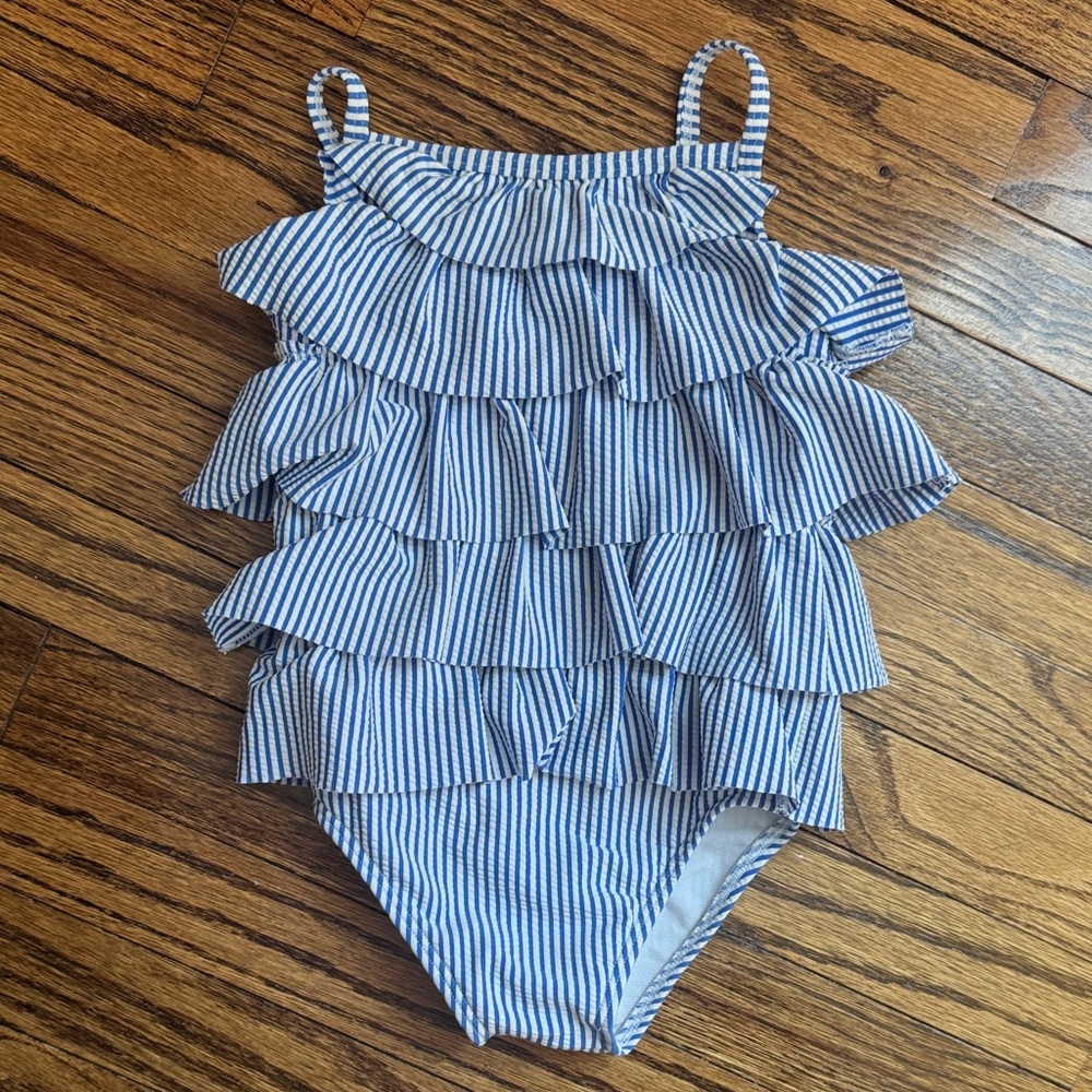 Baby Boden Girls Blue & White Striped Ruffle One-Piece Swimsuit size 12-18 month